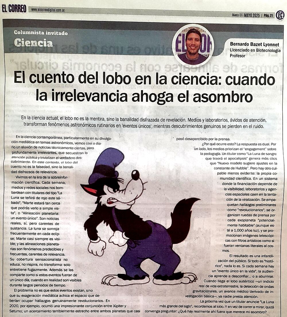 Columna de Bernardo Bazet Lyonnet publicada en la página de Ciencia del diario El Correo